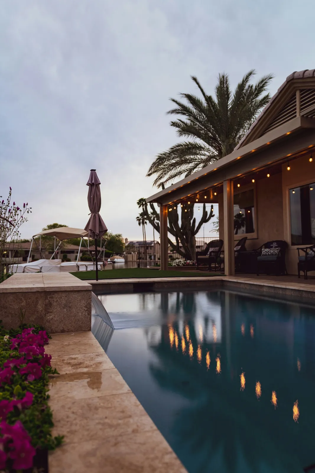 Arizona backyard pool at dusk